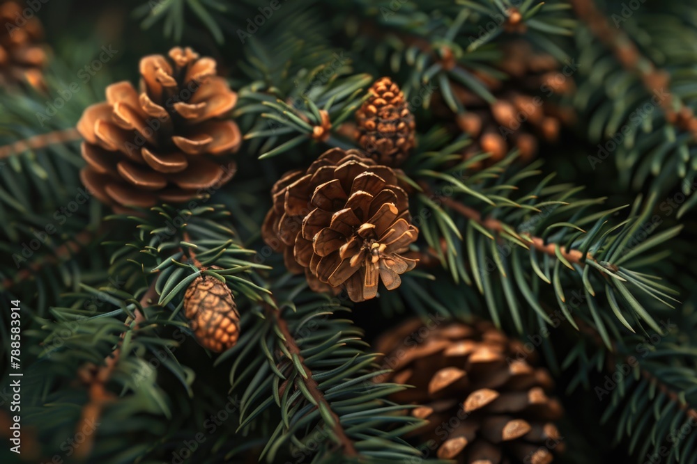 Poster detailed view of pine cones on a tree, suitable for nature themes
