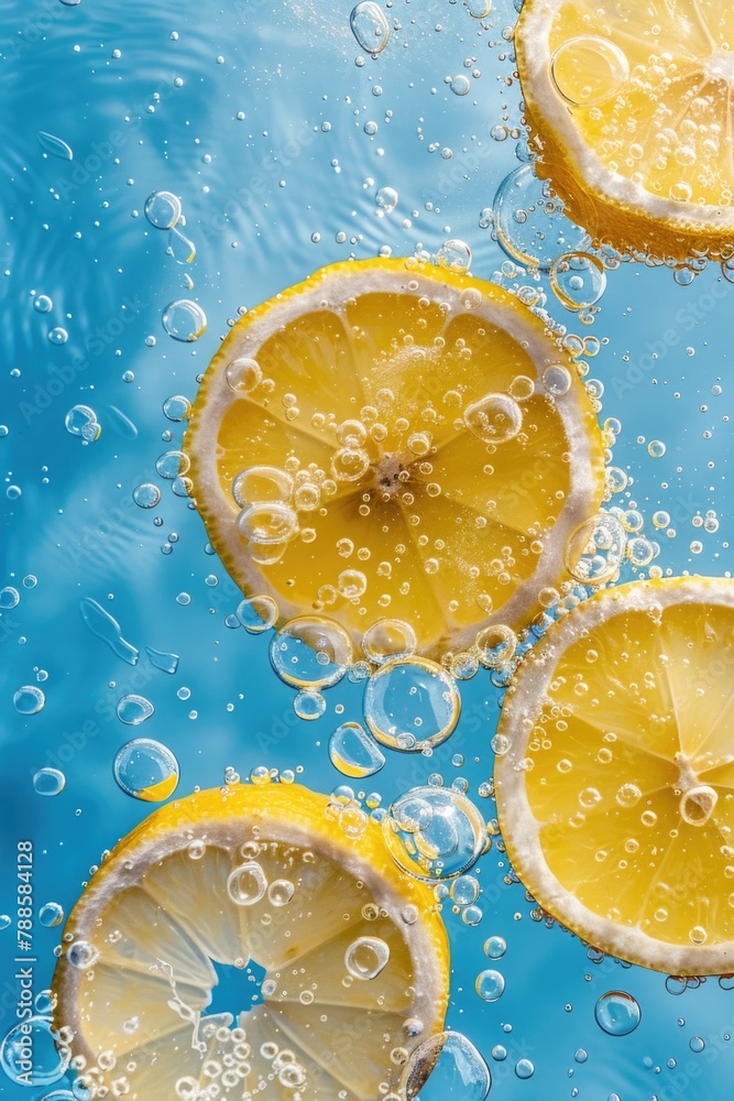 Poster Fresh lemon slices floating in clear water. Suitable for food and beverage concepts