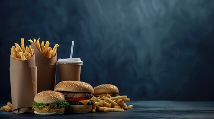 A classic fast food meal on a table, perfect for restaurant promotions - obrazy, fototapety, plakaty