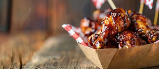 Close-up image of chicken barbecue in a paper tray with a small flag on a wooden surface, representing the concept of a barbecue party. - obrazy, fototapety, plakaty