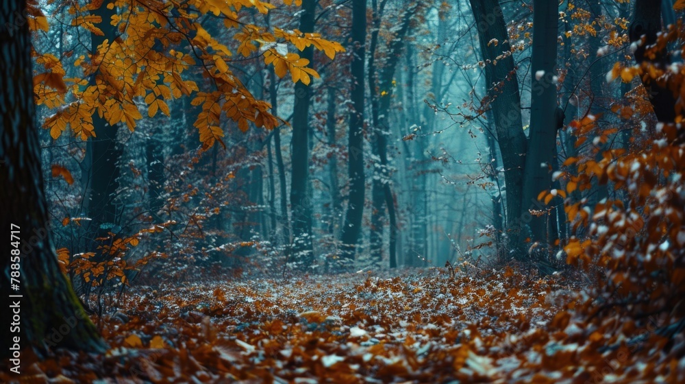 Poster a forest filled with lots of trees and leaves. suitable for nature backgrounds