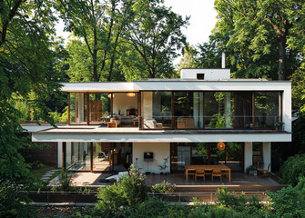 Ein weißes Haus mit angebauter Garage auf dem Lande in Deutschland mit großen Fenstern, einem Dach aus hellgrauen Ziegeln, einem Holzdeck, Gartenmöbeln auf der Terrasse und Bäumen in der Umgebung.
