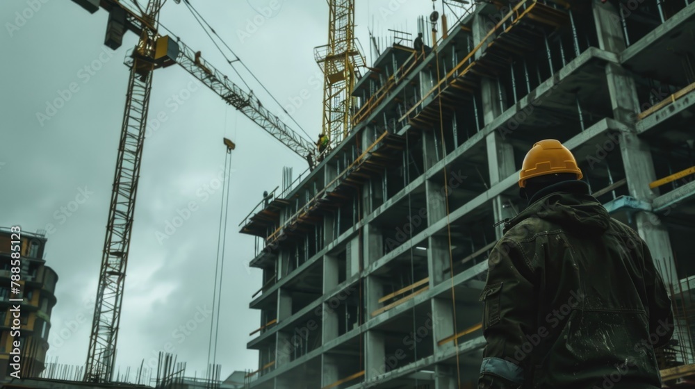 Poster a man standing in front of a building under construction. suitable for construction industry concept