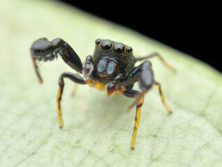 Sibianor jumping spider on the leaf while looking up - obrazy, fototapety, plakaty
