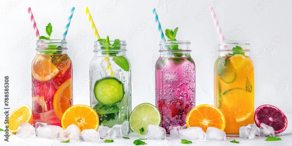 Poster A row of mason jars filled with different types of drinks. Perfect for beverage or party concepts