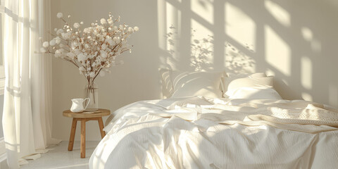  white bedroom interior with White linen bed with a wooden stool, white walls, and small vases of flowers
