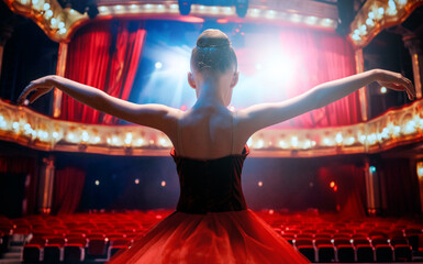 girl in a red tutu dancing on the stage - obrazy, fototapety, plakaty