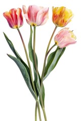 Fototapeta premium A vibrant group of three pink and yellow tulips. Ideal for spring-themed designs