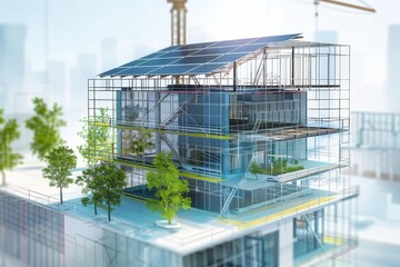 Edificio in costruzione con dettagli sulle tecnologie sostenibili utilizzate, come pannelli solari e sistemi di raccolta dell'acqua piovana