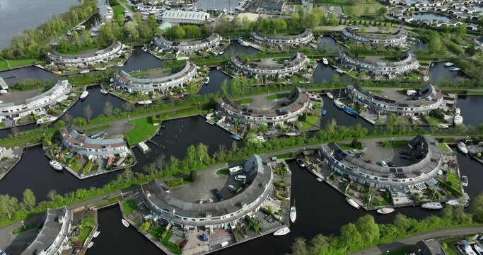 aerial view of a modern residential area in a watery surrounding