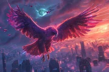 Design a griffin soaring through a cyberpunk sky, its feathers shimmering like fiber optics under a digital moon Create a glitch art piece showcasing the hybrid creature in a landscape of neon skyscra - obrazy, fototapety, plakaty