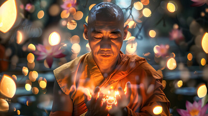 Serene Buddhist monk meditates in lotus position surrounded by mystical bokeh light and lotus flowers. Religion, traditional eastern meditation, prayer, spiritual practice