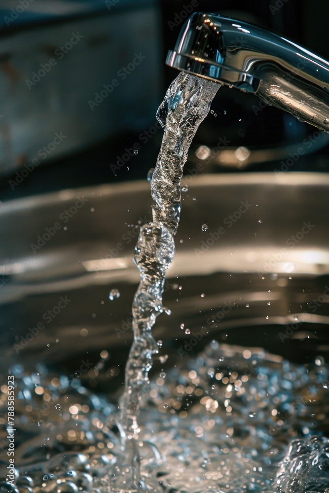 Poster Close up view of water flowing from a faucet. Perfect for illustrating concepts of water conservation and usage