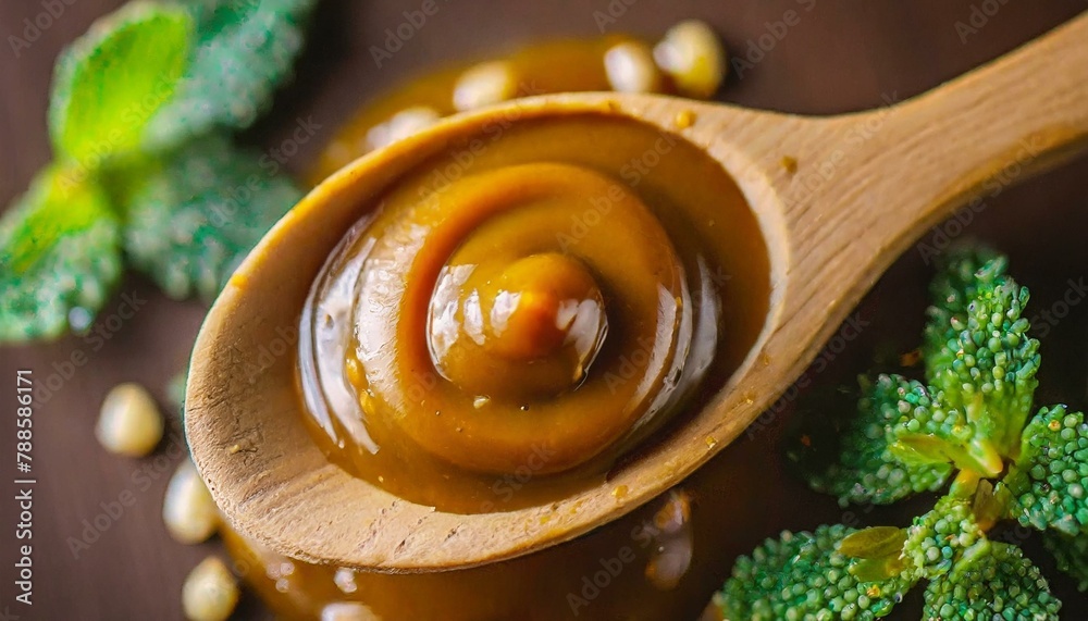 Wall mural Top view of dulce de leche in wooden spoon. Macro.
