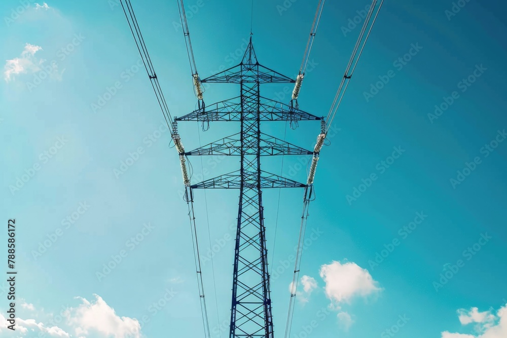 Poster a high voltage tower with a blue sky in the background. suitable for energy and technology concepts