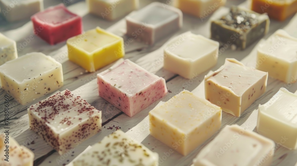 Poster various types of soap displayed on a table, suitable for hygiene and beauty product concepts