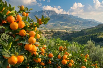 Alberi di arance su sfondo rurale mediterraneo