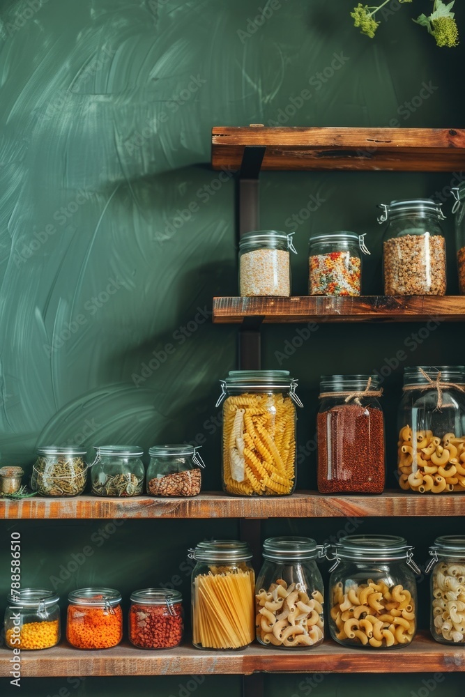 Poster assorted food items neatly displayed on a shelf, suitable for food and nutrition concepts