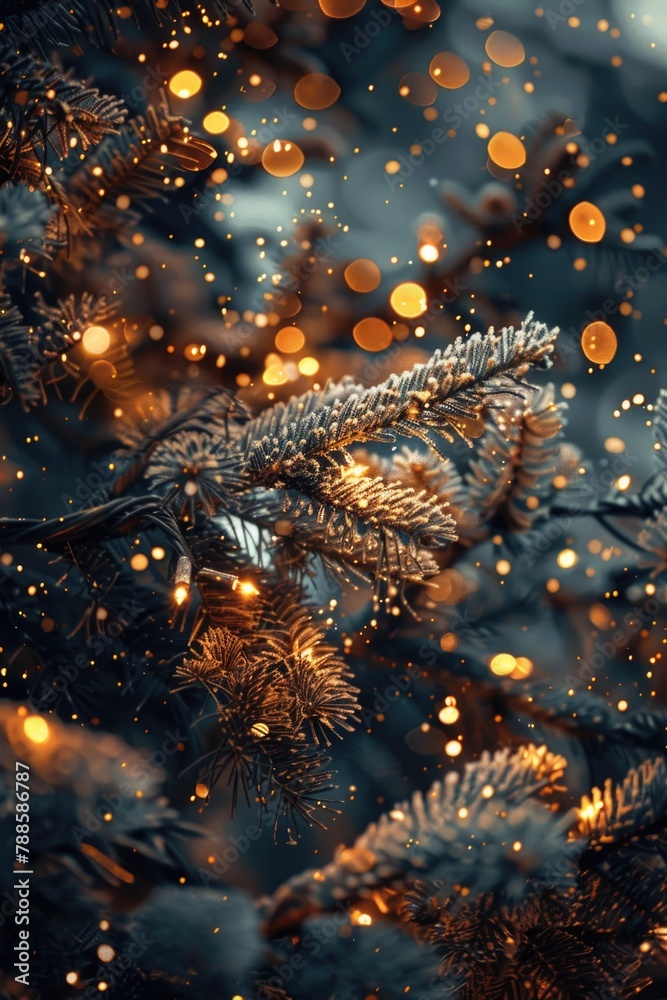 Poster a close up of a pine tree with lights in the background. ideal for holiday designs