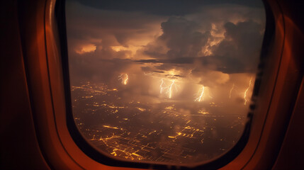 Naklejka premium Lightning storm over city lights viewed from plane window.