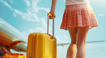 Legs of young woman with suitcase