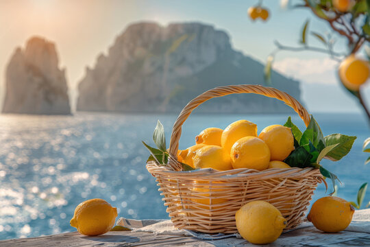 Cesto di limoni freschi posato con su un tavolo baciato dal sole, sullo sfondo i faraglioni di Capri, Napoli