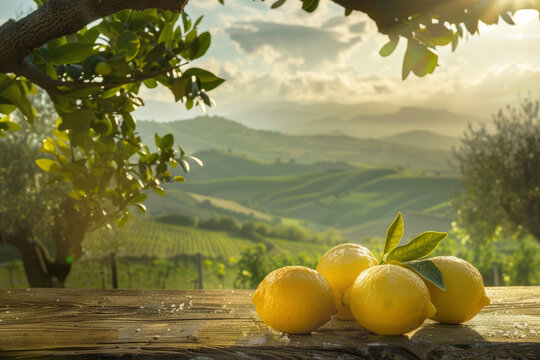 Gruppo di limoni freschi riposano su una tavola rustica, baciati dai raggi del sole, su sfondo rurale con colline