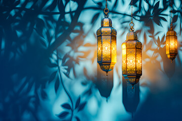 Islamic background with golden lanterns and shadows from moonlight for Eid greeting card with whitespace and blue theme. Eid and ramadan concept - obrazy, fototapety, plakaty