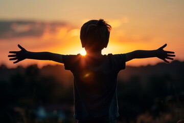 Silhouette of a child with arms open at dusk - obrazy, fototapety, plakaty