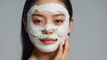 Portrait of a pretty Asian girl with a cosmetic mask on her face