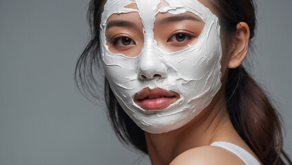Portrait of a beautiful Asian girl with a cosmetic mask on her face, wellness