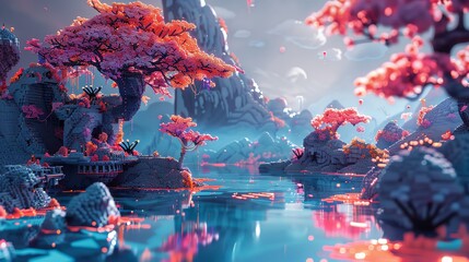 Craft a stunning vector art representation of futuristic technology merging with nature, displaying intricate details from a worms-eye view with a unique twist on voxel art aesthetics