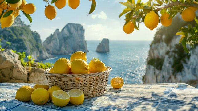 Cesto di limoni freschi posato con su un tavolo baciato dal sole, sullo sfondo i faraglioni di Capri, Napoli