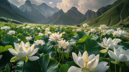 snow lotus flowers blooming atop the Mountains, captured in ultra-high fresh image quality photography, offering a wide-angle view that immerses you in the breathtaking landscape.