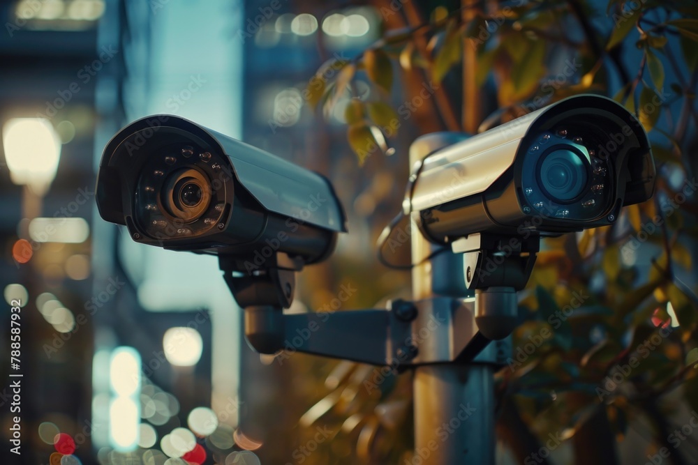 Poster two surveillance cameras on pole, suitable for security concepts