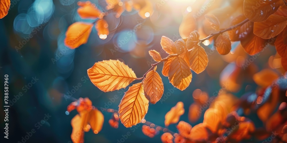 Poster detailed view of a tree branch with green leaves. suitable for nature and environmental concepts