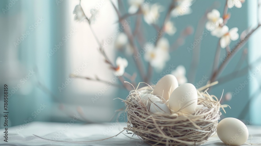 Poster A nest filled with eggs on a table, perfect for spring or Easter themes