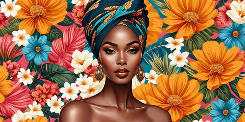 Black woman in African turban, flower background, floral aesthetic. Natural cosmetics female model in traditional head wrap. Fashion and beauty stylish illustration made  - obrazy, fototapety, plakaty