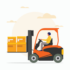 Man driving forklift car with box flat illustration