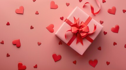 A white gift box with a red bow on a pink background. Perfect for gift giving occasions