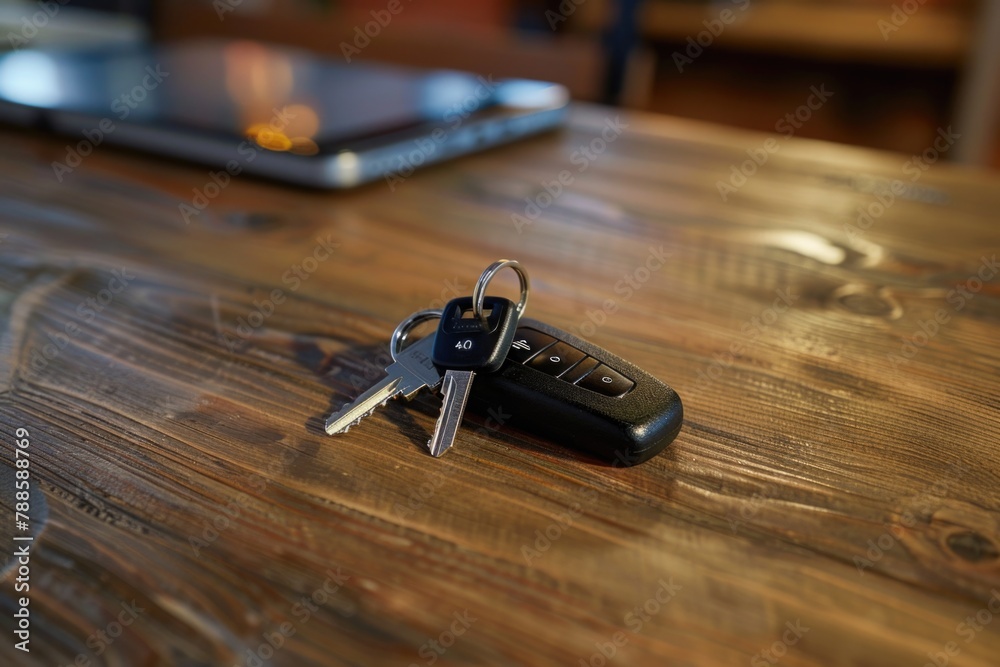 Poster A couple of keys placed on a wooden table. Suitable for various concepts