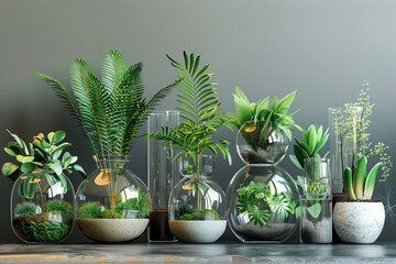 Generate an image of a collection of exotic plants in a variety of transparent vases and pots, creating a beautiful and diverse display of botanicals against a transparent background - Powered by Adobe