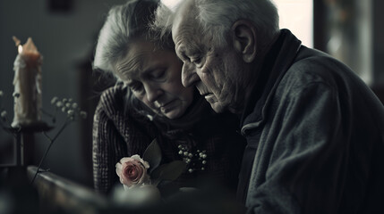 Elderly Couple's Silent Grief. A somber elderly couple shares a quiet moment of remembrance, with a candle and rose in focus - Powered by Adobe