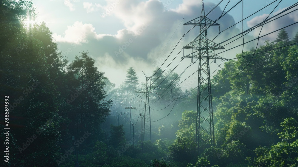 Poster A scenic view of a forest with power lines in the foreground. Suitable for nature and technology concepts