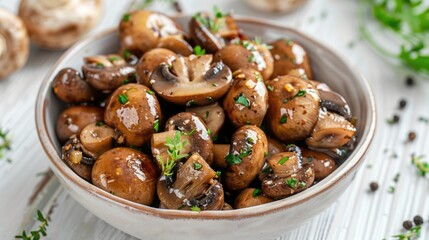 A bowl filled with mushrooms on top of a table. Suitable for food blogs or recipes - Powered by Adobe