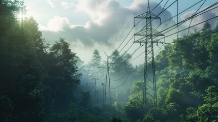 A scenic view of a forest with power lines in the foreground. Suitable for nature and technology concepts