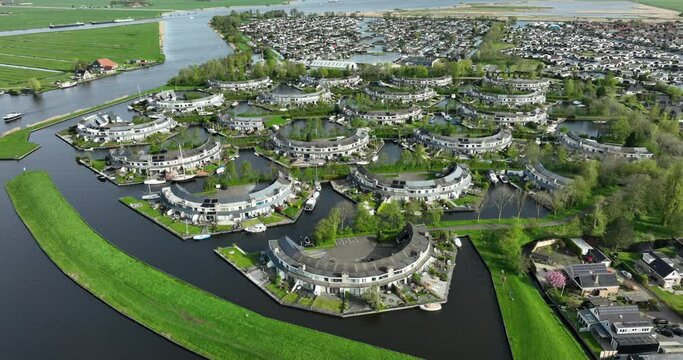 aerial view of a modern residential area in a watery surrounding
