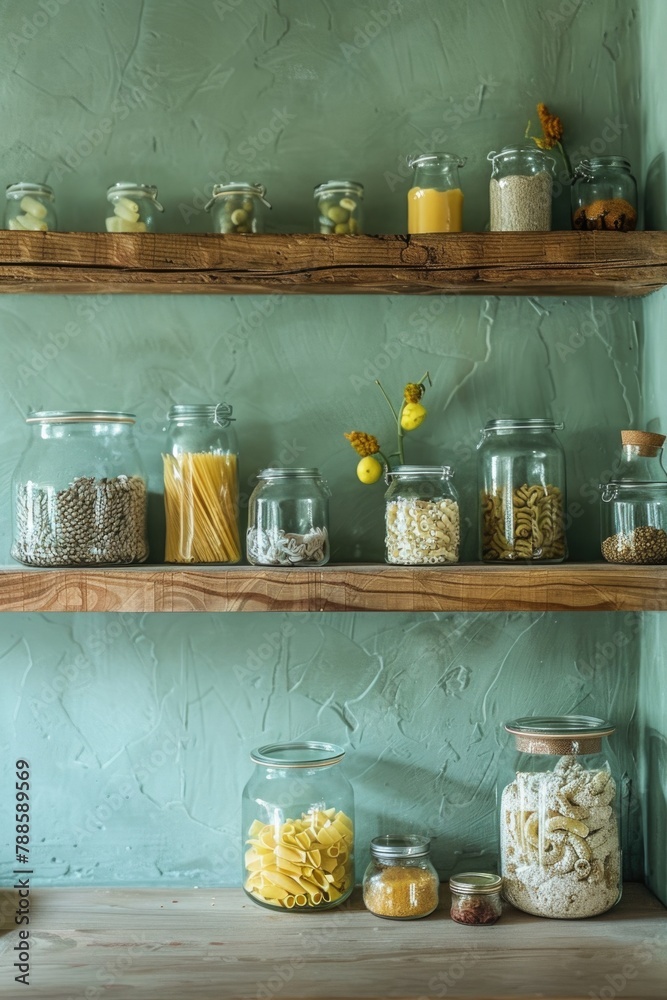 Aufkleber a diverse selection of food items on a shelf, suitable for various culinary concepts