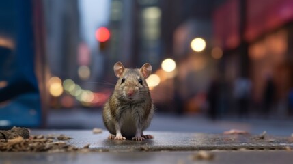 Mouse in the city with buildings behind - obrazy, fototapety, plakaty