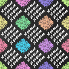 Checkered Seamless Grunge Pattern of Chalk Drawn Sketches Colorful Scrawls on Black Chalkboard Backdrop. Abstract Creative Art Print.